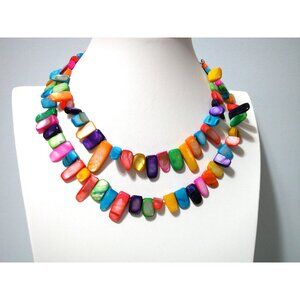 Colorful Double-Strand Shell Beaded Necklace With Vibrant Multicolor Chips & Sil